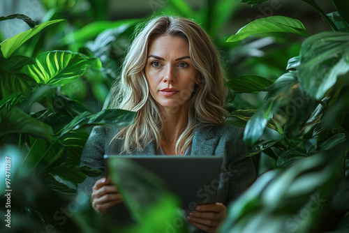 Woman in a green blazer holding a tablet in a lush indoor garden.