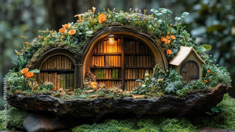 Enchanted miniature library nestled in a lush, green landscape. Enchanted miniature library nestled in a lush, green landscape.