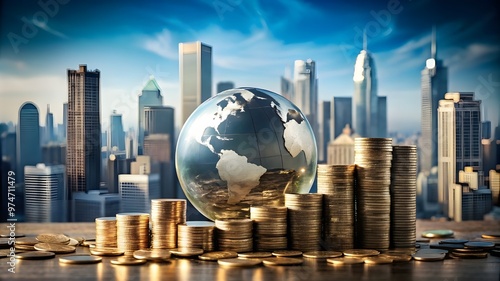 Global Finance Theme, Globe resting on coins ,Represents money and wealth concepts background
 photo