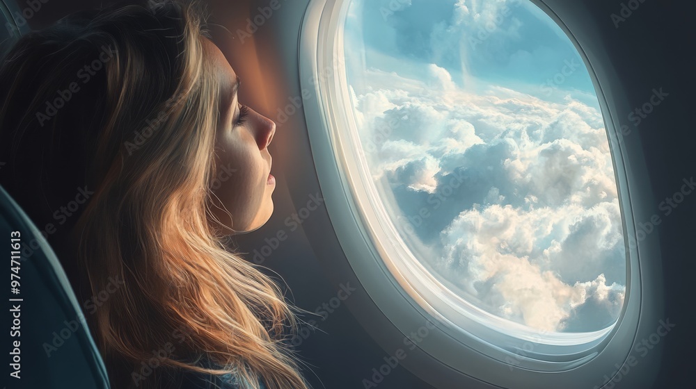 Close-up of a passenger looking out of the airplane window, focusing on the clouds and sky visible from the seat. Close-up of a passenger looking out of the airplane window, focusing on the clouds and sky visible from the seat.