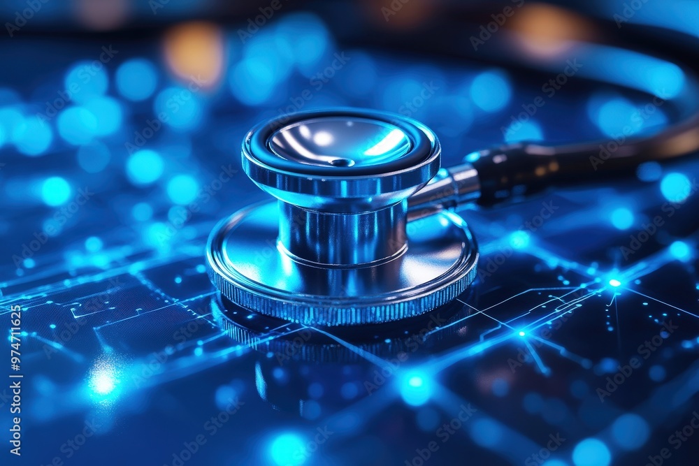 Digital Healthcare: A close-up of a silver stethoscope resting on a digital network, symbolizing the convergence of technology and medicine, showcasing the future of healthcare. Digital Healthcare: A close-up of a silver stethoscope resting on a digital network, symbolizing the convergence of technology and medicine, showcasing the future of healthcare.