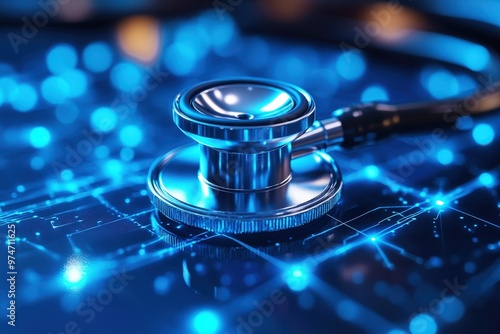 Digital Healthcare: A close-up of a silver stethoscope resting on a digital network, symbolizing the convergence of technology and medicine, showcasing the future of healthcare.