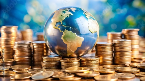 Global Finance Theme, Globe resting on coins ,Represents money and wealth concepts background 