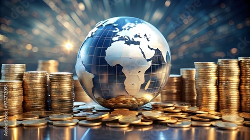 Global Finance Theme, Globe resting on coins ,Represents money and wealth concepts background 