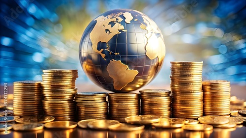 Global Finance Theme, Globe resting on coins ,Represents money and wealth concepts background 