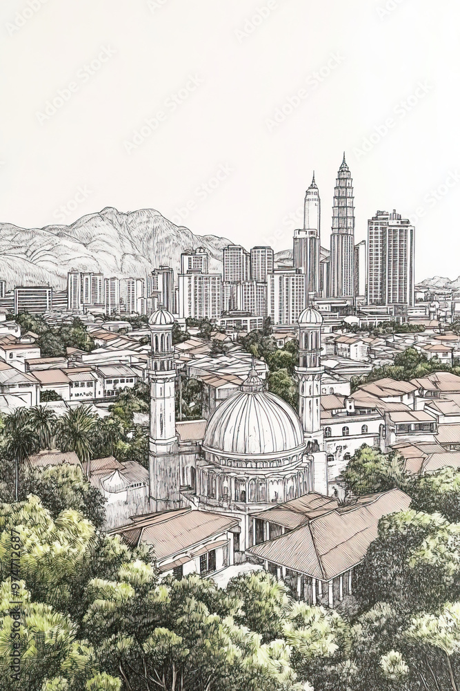 Obraz premium Ipoh, Malaysia, black and white pen pencil hand-drawn effect portrait drawing illustration for travel poster, card, wallpaper, backdrop or banner. Modern, clear, artistic and simple