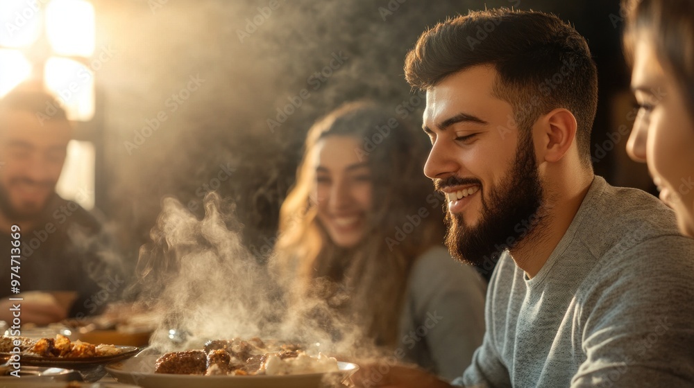 Warm Turkish Breakfast: Friends Enjoying Fresh Delights in a Cozy Café with Soft, Diffused Lighting Warm Turkish Breakfast: Friends Enjoying Fresh Delights in a Cozy Café with Soft, Diffused Lighting