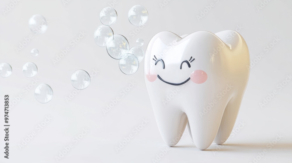 A 3D tooth character blowing bubbles, isolated on a white background A 3D tooth character blowing bubbles, isolated on a white background