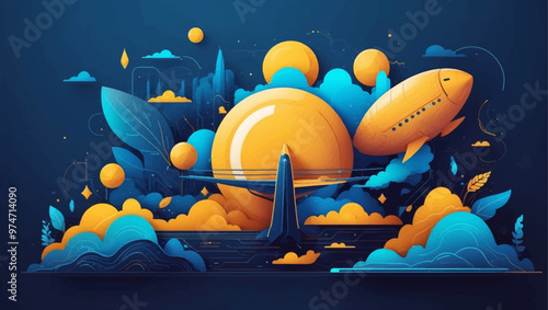 Vibrant Abstract Wave of Smart City with Multilayered Color Texture and Digital Elements - Global Technology and Social Network Concept for Web Banner Design