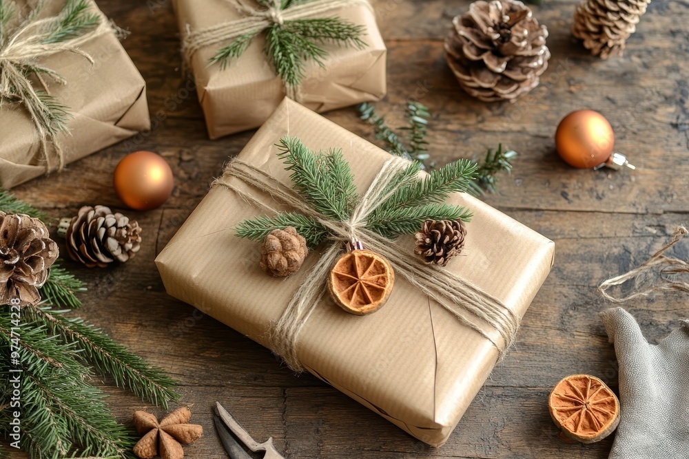 Eco friendly christmas zero waste gifts wrapped in kraft paper on a rustic wooden table Eco friendly christmas zero waste gifts wrapped in kraft paper on a rustic wooden table