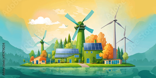 Sustainability illustration set. ESG, green energy, sustainable industry with windmills and solar energy panels. Environmental, Social, and Corporate Governance concept. Vector illustration.