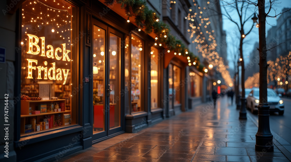 Stimmungsvolle Black Friday Einkaufsstraße bei Abenddämmerung
Stimmungsvolle Black Friday Einkaufsstraße bei Abenddämmerung