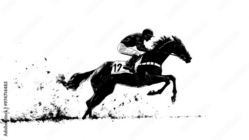 Naklejka premium Black Silhouette of jockey at a horse race on a white background.