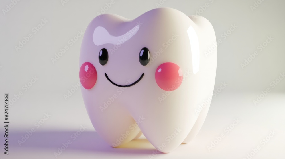A 3D tooth character smiling widely with rosy cheeks, isolated on a white background