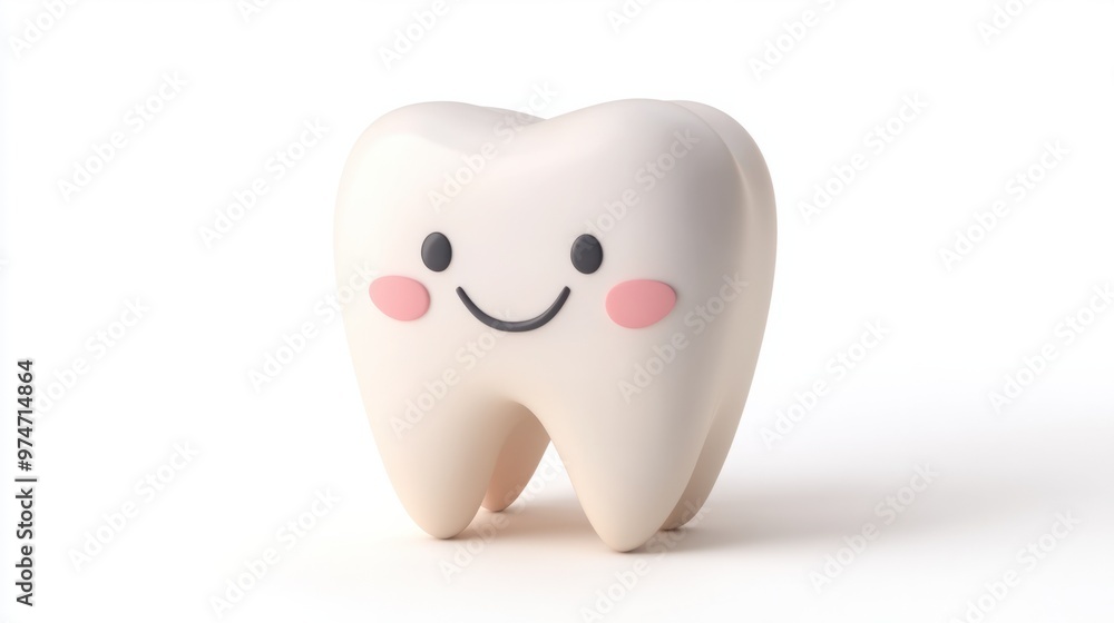 A 3D tooth character smiling widely with rosy cheeks, isolated on a white background A 3D tooth character smiling widely with rosy cheeks, isolated on a white background