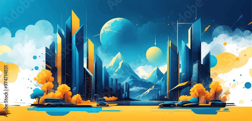 Vibrant Abstract Wave of Smart City with Multilayered Color Texture and Digital Elements - Global Technology and Social Network Concept for Web Banner Design