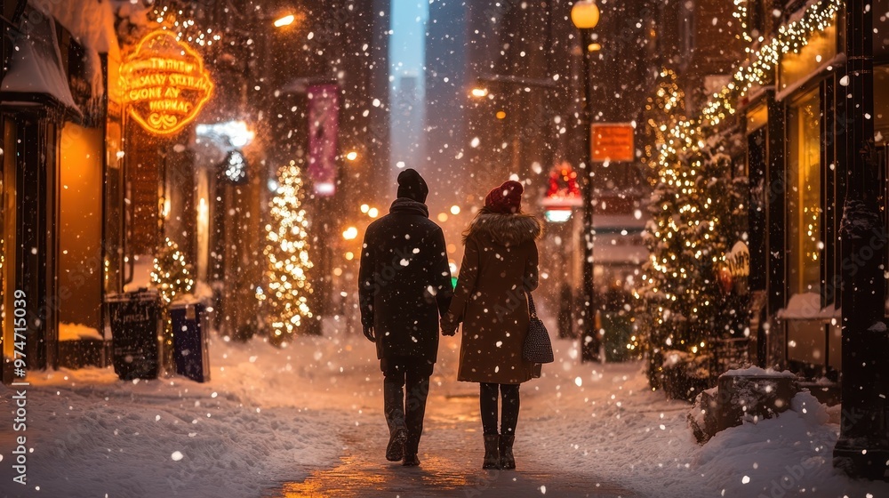 Snowy Christmas Stroll in a Festive Cityscape Snowy Christmas Stroll in a Festive Cityscape
