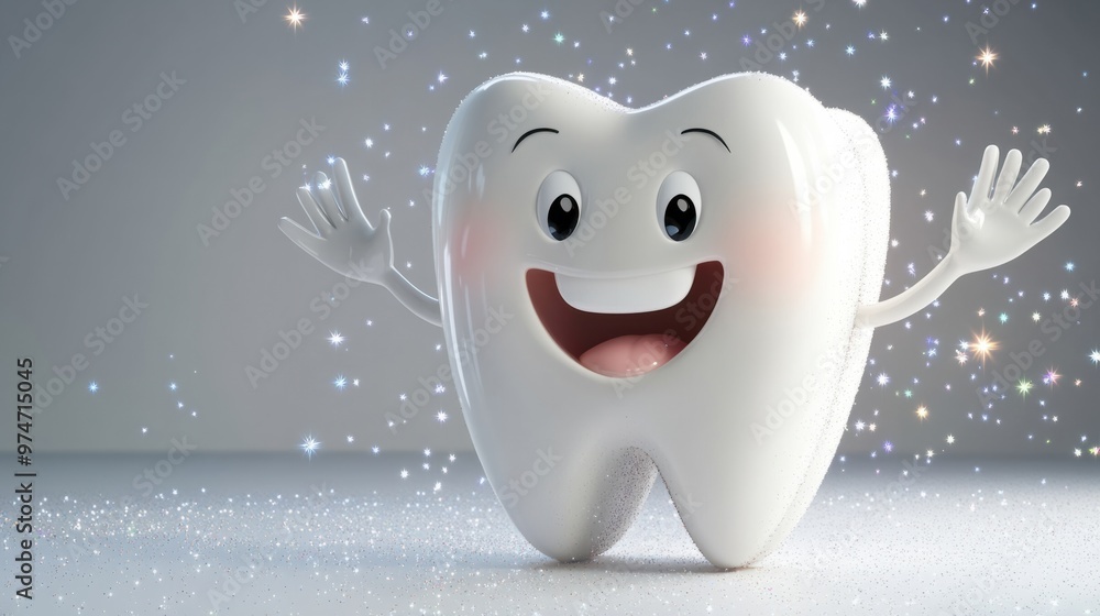 A 3D tooth character waving happily, surrounded by sparkles, isolated on white A 3D tooth character waving happily, surrounded by sparkles, isolated on white