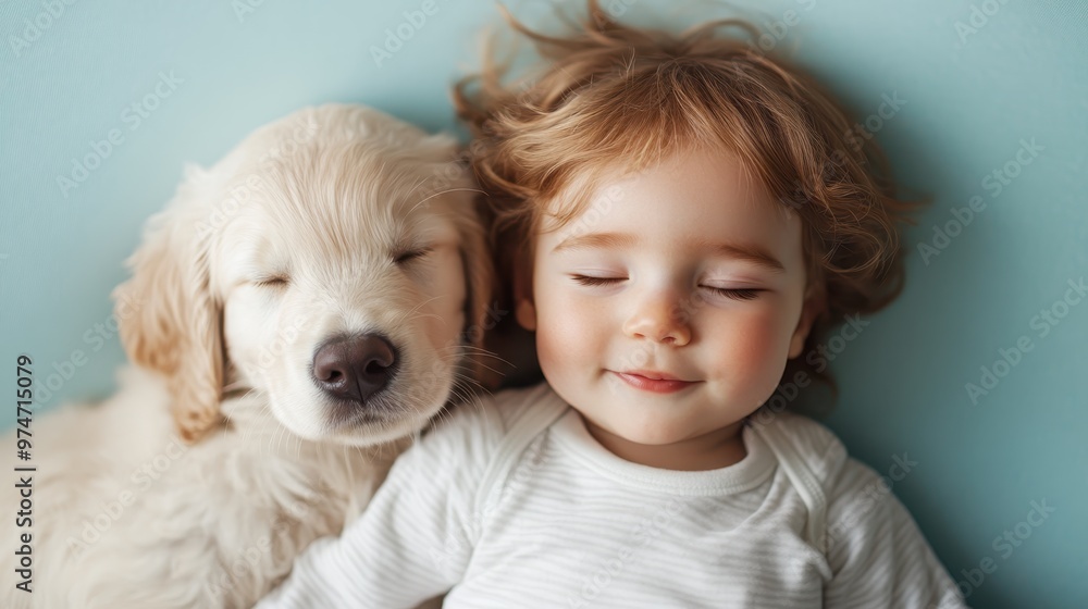 A serene scene capturing a young child napping alongside a golden retriever puppy against a soft blue background, highlighting innocence and comfort. A serene scene capturing a young child napping alongside a golden retriever puppy against a soft blue background, highlighting innocence and comfort.