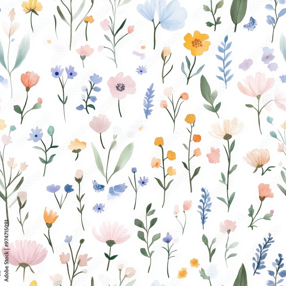 A vibrant floral pattern featuring various delicate flowers and leaves in soft pastel colors on a white background. A vibrant floral pattern featuring various delicate flowers and leaves in soft pastel colors on a white background.