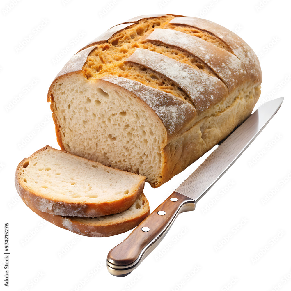 Baked loaf of bread with a knife cutting a slice, isolated on a transparent background.
Baked loaf of bread with a knife cutting a slice, isolated on a transparent background.