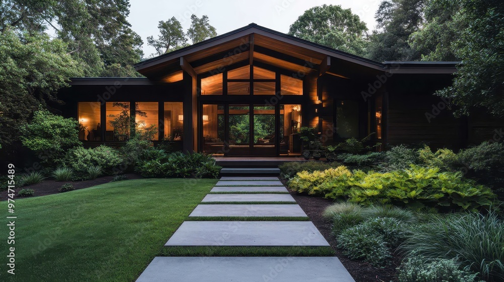 A beautiful modern wooden house with large windows is nestled among lush greenery and a manicured lawn, providing a serene and tranquil living environment. A beautiful modern wooden house with large windows is nestled among lush greenery and a manicured lawn, providing a serene and tranquil living environment.