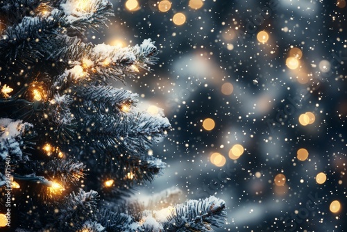 Festive christmas scene blurred background with snowy tree and twinkling garland lights