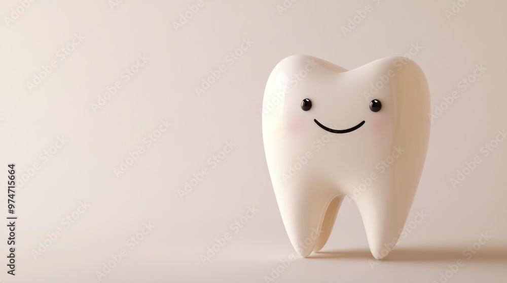 A 3D tooth character with a sparkling smile, isolated against a plain white background A 3D tooth character with a sparkling smile, isolated against a plain white background