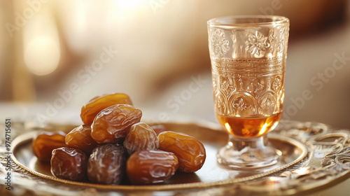 Traditional Dates with Ornate Glass on Decorative Tray in Warm Light