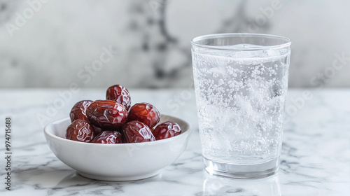 Bowl of Dates with Sparkling Water on Marble Background with Light Reflections