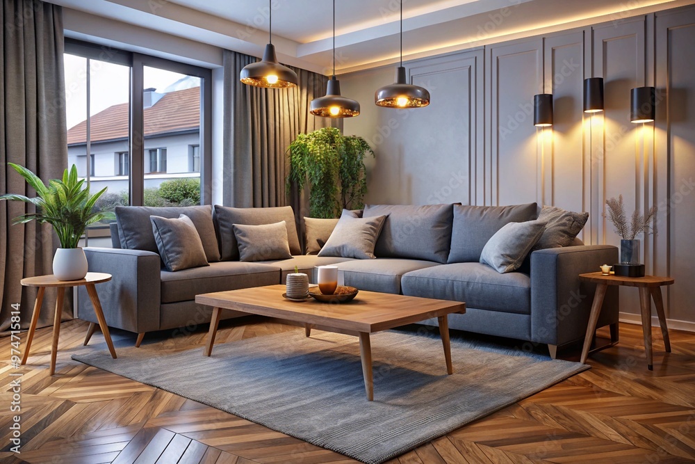 Interior of modern living room with grey sofa, wooden coffee table and glowing lamps at evening Interior of modern living room with grey sofa, wooden coffee table and glowing lamps at evening
