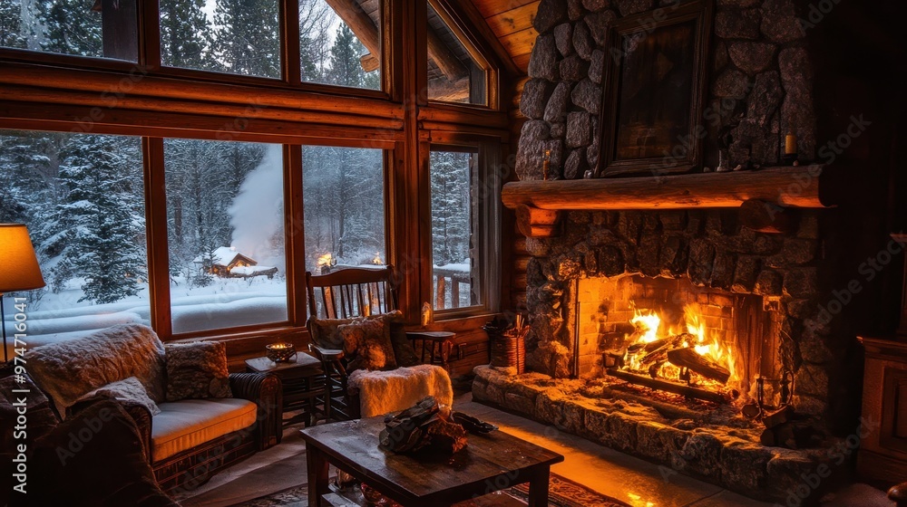 Cozy Cabin with a Warm Fireplace and Snow-Covered View Cozy Cabin with a Warm Fireplace and Snow-Covered View