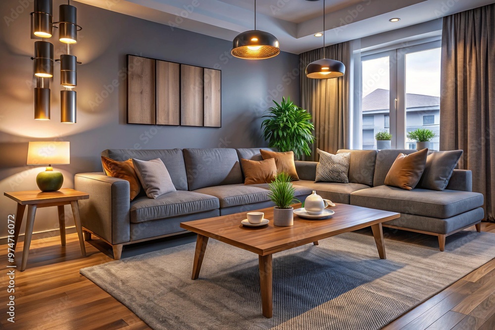 Fototapeta premium Interior of modern living room with grey sofa, wooden coffee table and glowing lamps at evening