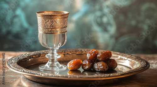 Dates with Water in Elegant Glass on Vintage Tray with Ornate Details