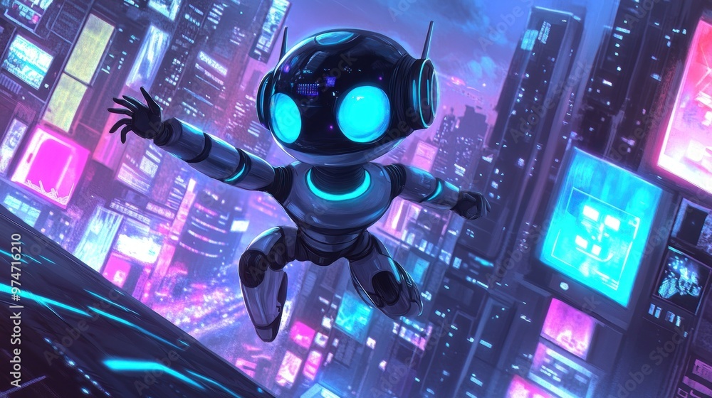 A futuristic robot with glowing features leaps through a neon cityscape at night. A futuristic robot with glowing features leaps through a neon cityscape at night.