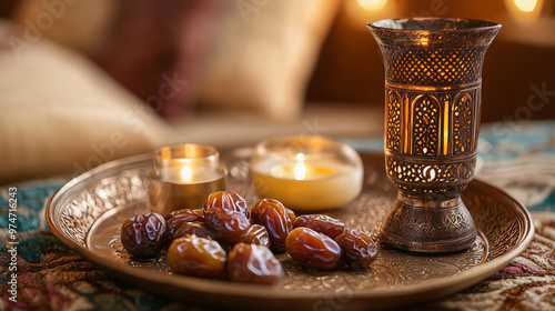 Dates with Ornate Candle Holder on Decorative Tray with Cozy Atmosphere