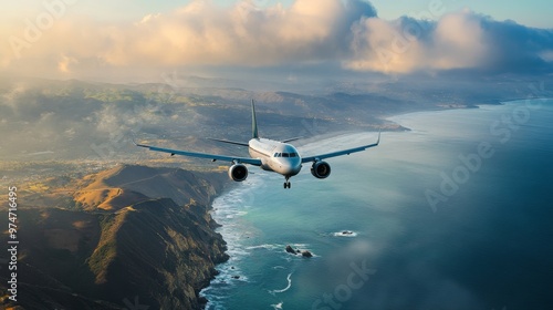 Airplane flying over a coastal landscape, with the ocean and mountains visible far below, emphasizing the journey.