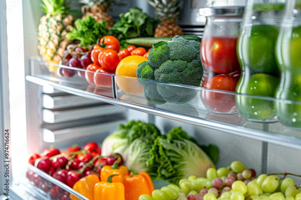A refrigerator is filled with a variety of fresh fruits and vegetables, showcasing colorful produce stacked neatly for easy access and meal planning A refrigerator is filled with a variety of fresh fruits and vegetables, showcasing colorful produce stacked neatly for easy access and meal planning