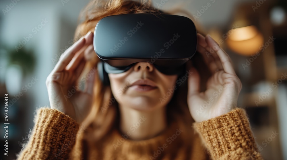 A person wearing a VR headset in an indoor setting, fully immersed in a virtual reality experience. The image captures the wonder and engagement of modern technology. A person wearing a VR headset in an indoor setting, fully immersed in a virtual reality experience. The image captures the wonder and engagement of modern technology.
