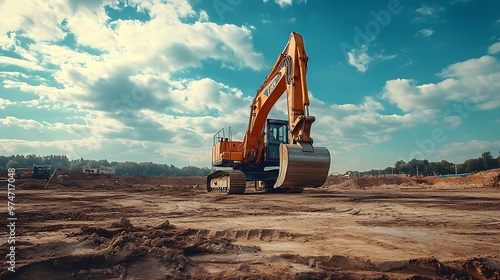 Large excavator on construction site on a sunny day with blue sky and fluffy clouds cool modern look : Generative AI