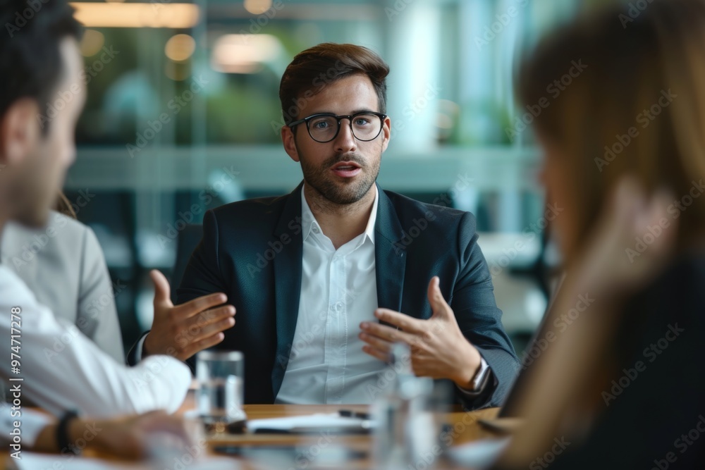 A Project Manager is actively speaking with the business team during an important meeting. The setting features a contemporary office with a focus on collaboration and communication A Project Manager is actively speaking with the business team during an important meeting. The setting features a contemporary office with a focus on collaboration and communication