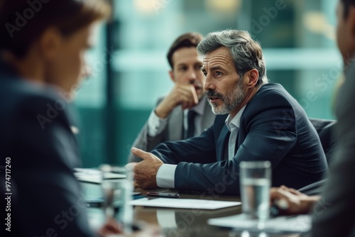 A project manager leads a discussion with the business team, sharing insights and strategies in a modern office environment. The atmosphere is professional and collaborative