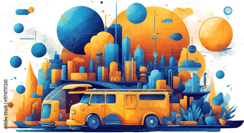 Vibrant Abstract Wave of Smart City with Multilayered Color Texture and Digital Elements - Global Technology and Social Network Concept for Web Banner Design