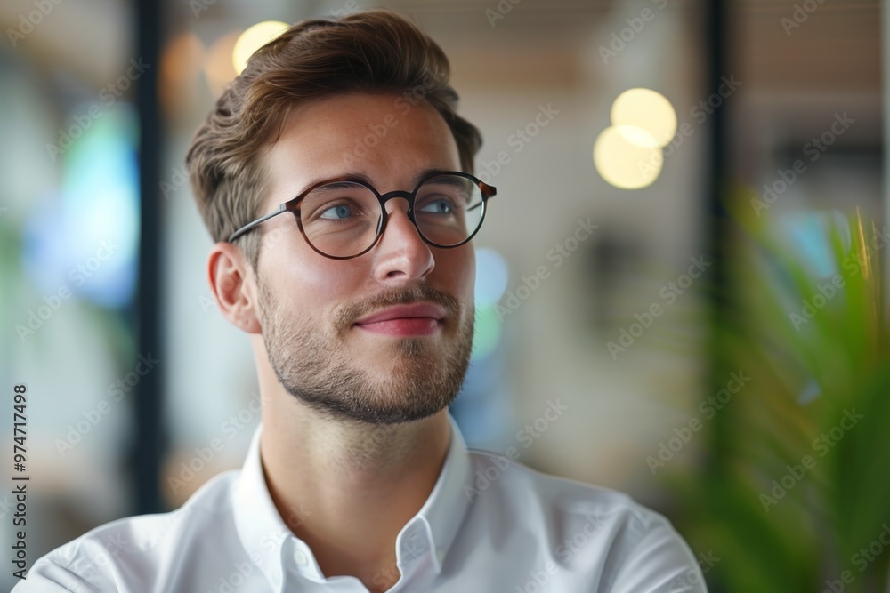 A cheerful young Caucasian male in glasses is lost in thought, dreaming about career opportunities while sitting in a bright office environment A cheerful young Caucasian male in glasses is lost in thought, dreaming about career opportunities while sitting in a bright office environment
