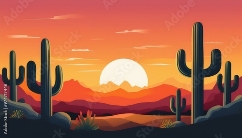 Coucher de soleil sur un paysage désertique avec des cactus