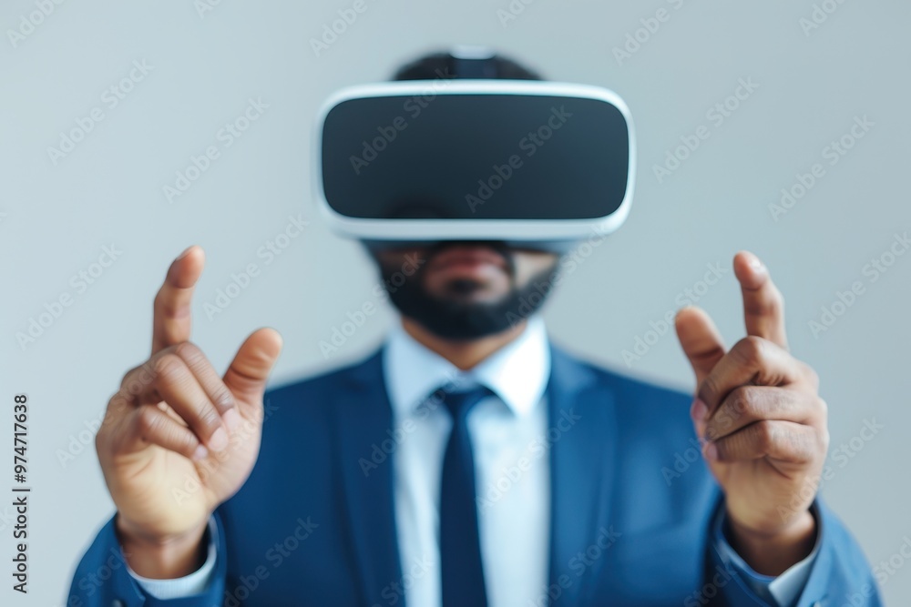 Businessman wearing a suit and virtual reality headset interacts with an immersive digital environment, using hand gestures to engage with virtual elements. Businessman wearing a suit and virtual reality headset interacts with an immersive digital environment, using hand gestures to engage with virtual elements.