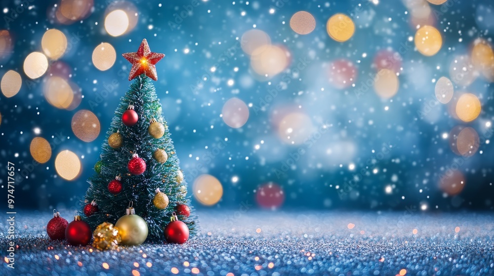 Obraz premium Colorful christmas tree with decorations on blue bokeh background for festive banner design