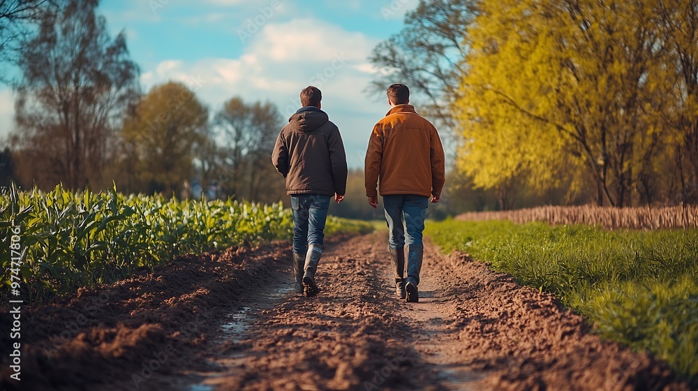 Father and son farmers walking on dirt road beside agricultural field and trees on other side and discussing something in spring time : Generative AI Father and son farmers walking on dirt road beside agricultural field and trees on other side and discussing something in spring time : Generative AI