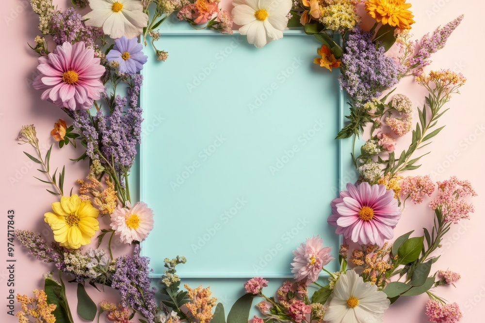 A whimsical floral border surrounds a light blue frame set on a soft background for creative display and artistic elements A whimsical floral border surrounds a light blue frame set on a soft background for creative display and artistic elements