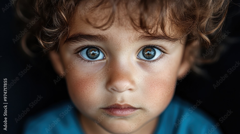 A portrait of a child with curly brown hair and strikingly bright blue eyes, wearing a blue shirt, conveying innocence and curiosity in a soft light. A portrait of a child with curly brown hair and strikingly bright blue eyes, wearing a blue shirt, conveying innocence and curiosity in a soft light.